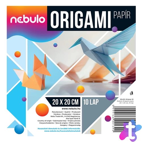 Origami papír 20x20 cm, vegyes színek, 10 lap/csomag, Nebulo