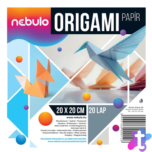 Origami papír 20x20 cm, vegyes színek, 20 lap/csomag, Nebulo