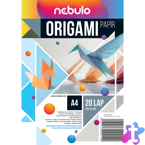 Origami papír A4, vegyes színek, 20 lap/csomag, Nebulo