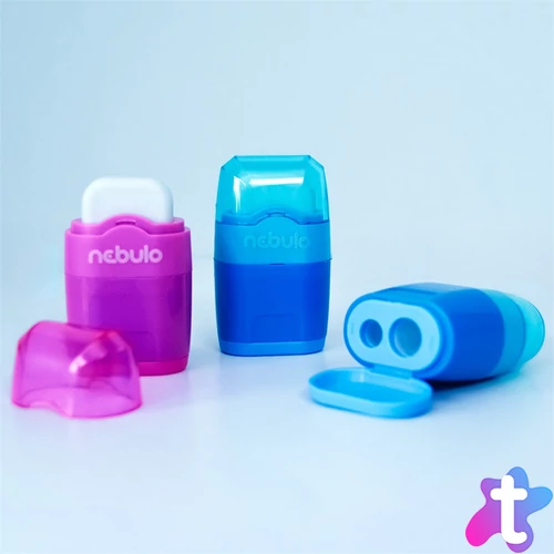 Hegyező 2 lyukú műanyag, tartályos+radír egyben 12 db/doboz, Nebulo vegyes színek