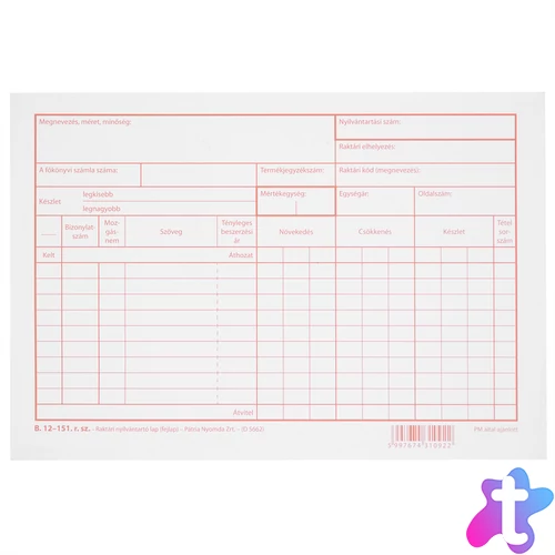 Raktárkészlet nyilvántartólap A5 B.12-151