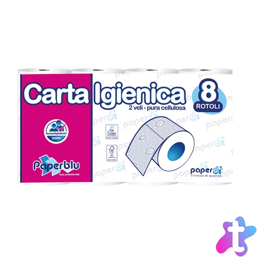 Toalettpapír 2 rétegű kistekercses 100%cellulóz 150 lap/15,75 m/tekercs 8 tekercs/csomag Paperblu Carta Igienica_Paperdi