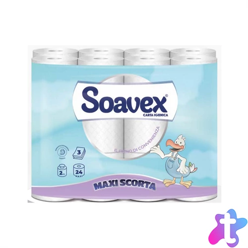 Toalettpapír 3 rétegű kistekercses 100% cellulóz 162 lap/17,01 m/tekercs 24 tekercs/csomag Soavex Maxi Scorta_Paperdi