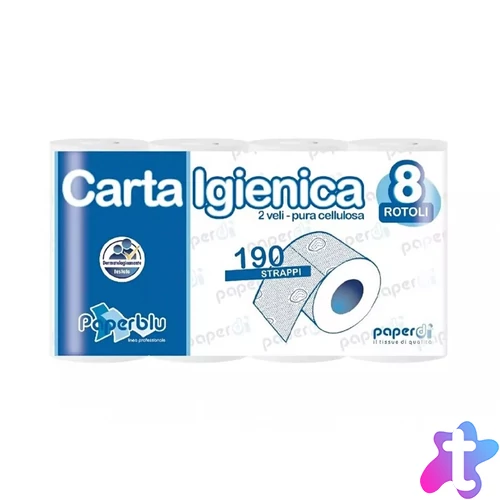 Toalettpapír 2 rétegű kistekercses 100%cellulóz 190 lap/19,95 m/tekercs 8 tekercs/csomag Paperblu Carta Igienica_Paperdi