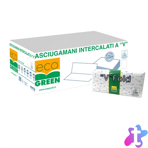 Kéztörlő 2 rétegű V hajtogatott 250 lap/csomag 21 x 21 cm 20 csomag/karton EcoGreen Paperdi_AV.11821/5000 fehér