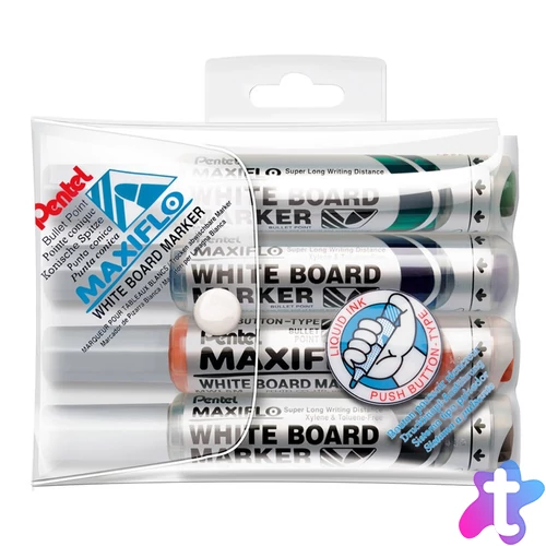 Táblamarker készlet, 2,5mm, kerek hegyű, Pentel Maxiflo, 4 klf. szín