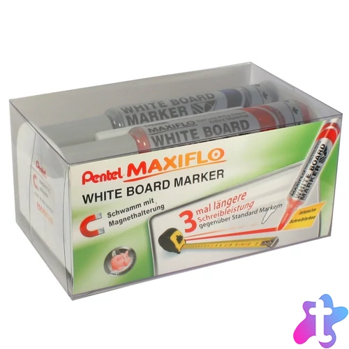 Táblamarker+törlő készlet 2,5mm, kerek hegyű, Maxiflo Pentel, 4 klf. szín