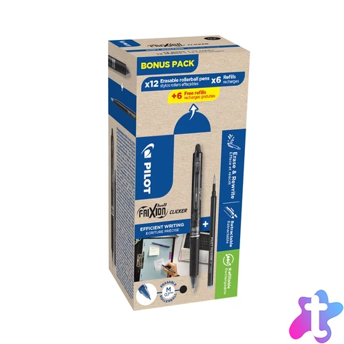 Rollertoll 0,5mm, törölhető Pilot Frixion Clicker GreenPack, 12 toll + 12betét, írásszín fekete