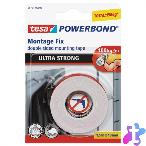 Ragasztószalag kétoldalas, rögzítőszalag ultra erős 19mmX1,5m PowerBond Tesa