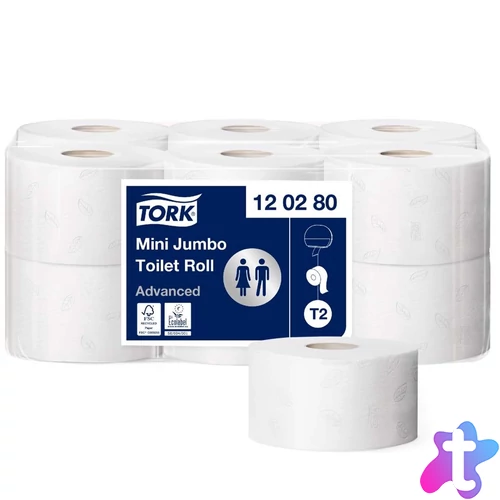 Toalettpapír 2 rétegű közületi átmérő: 18,8 cm 850 lap/170 m/tekercs 12 tekercs/karton Mini Jumbo Tork_120280 fehér