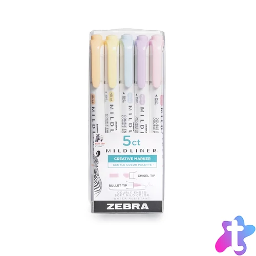 Szövegkiemelő készlet, 1,4/4 mm, kétvégű, Zebra Mildliner Highlighter Gentle, 5 különböző szín