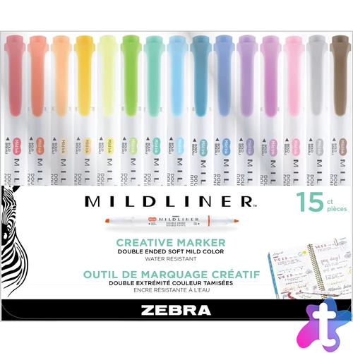 Szövegkiemelő készlet, 1,4/4 mm, kétvégű, Zebra Mildliner Highlighter, 15 különböző szín