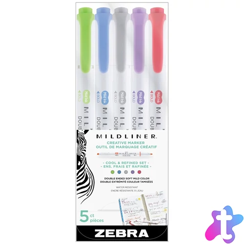 Szövegkiemelő készlet, 1,4/4 mm, kétvégű Zebra Mildliner Cool & Refined 5 szín