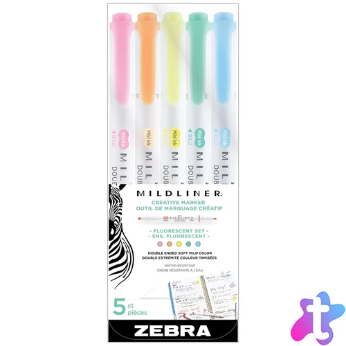 Szövegkiemelő készlet, 1,4/4 mm, kétvégű, Zebra Mildliner Fluorescent, 5 szín