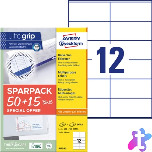 Avery 6175-65 105x48 mm univerzális 50+15 lap 780 db-os etikett