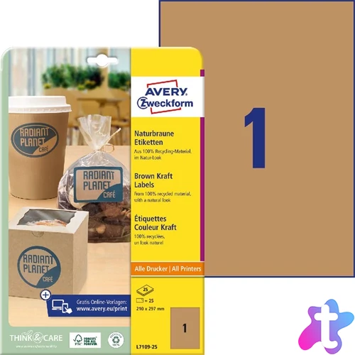 Avery L7109-25 210x297mm újrahasznosított barna kraft etikett