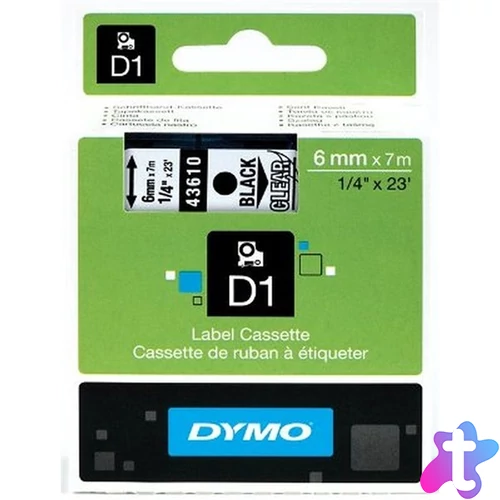 Dymo D1 6mmx7m fekete/áttetsző feliratozógép szalag
