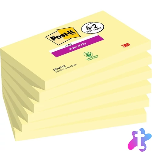 Post-it Super Sticky 655-SSCY 76x127mm 90lap 4+2 tömb kanárisárga öntap. jegyzettömb 100% PEFC, SGSCH-PEFC-COC-110078