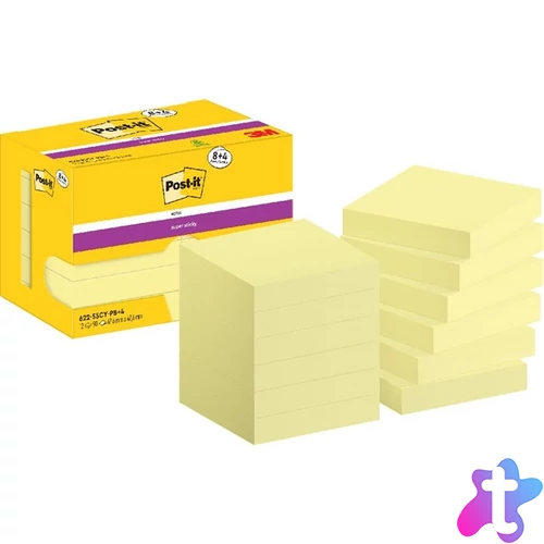 Post-it Super Sticky 622-SSCY 47,6x47,6mm 90lap 8+4tömb kanárisárga öntap. jegyzettömb 100% PEFC, SGSCH-PEFC-COC-110078