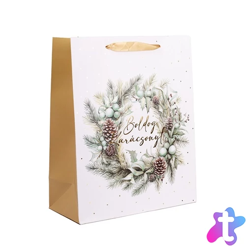 Iris boldog karácsonyt koszorú papírtasak matt fehér/arany 26*32 cm