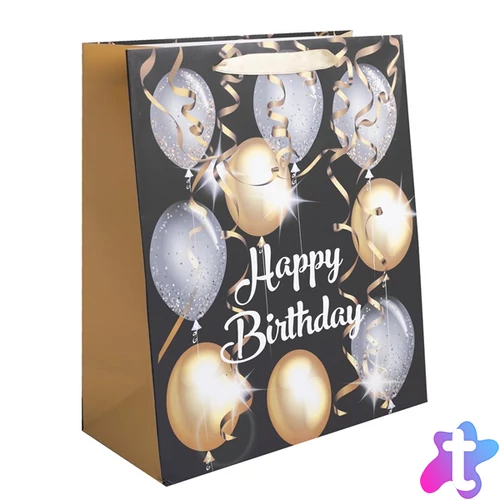 Iris papírtasak matt, "happy bithday" felirattal, fekete alapon, arany/ezüst lufik 31*42 cm