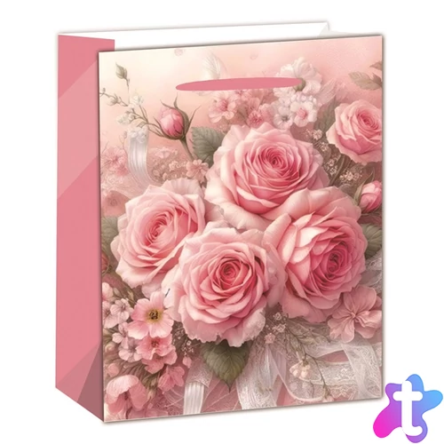 IRIS matt papírtasak rózsacsokros rózsaszín 18 x 23cm