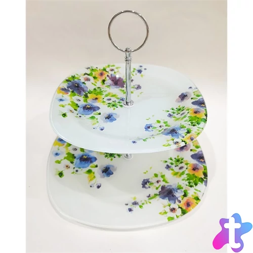 IRIS üveg sütikínáló, 2 részes, kék sárga virágos 20+25cm