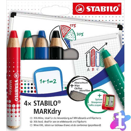 Stabilo MARKdry táblákhoz és flipchartokhoz 4db-os vastag színes táblaceruza készlet törlőkenővel és hegyezővel