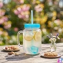 Kép 1/3 - Szívószálas pohár, kék, 4 db hűthető jégkockával, 550ml,  17 x 7.5 x 13.5 cm