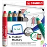 Kép 1/5 - Stabilo MARKdry táblákhoz és flipchartokhoz 4db-os vastag színes táblaceruza készlet törlőkenővel és hegyezővel